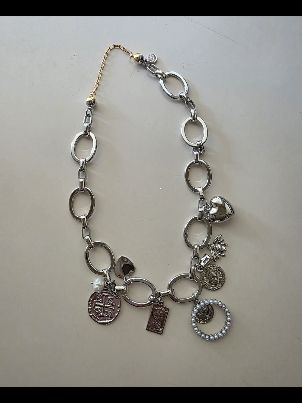 Silver-Tone Mixed Charm Necklace with Pearl Ring